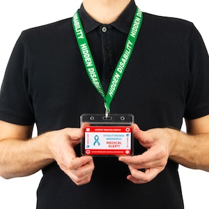 Tarjeta de alerta médica para disautonomía, cordón oculto para concientización médica sobre discapacidad, totalmente impresa, no requiere bolígrafo, resistente al agua