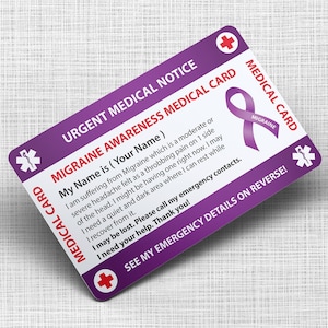 Emicrania Awareness Wallet Insert Medical Card - Disabilità invisibile - Dimensioni carta di credito e stesso materiale
