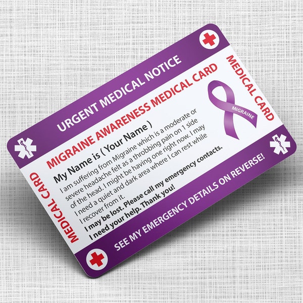 Migraine Awareness Wallet Insert Medical Card - Invisible Disability - Credit Card Size And Same Material