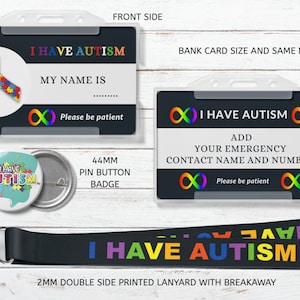 Tengo tarjeta de identificación de concienciación sobre el autismo con Breakaway Lanyard - Asperger's Disability Awareness - Lanyard y Pin Button Badge And Keychain
