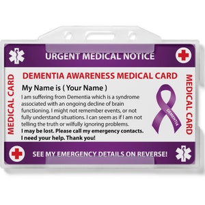 Demencia Enfermedad de Alzheimer Tarjeta de billetera de emergencia- I.C.E Card ID - Tarjeta médica con tamaño de tarjeta de crédito de cordón y mismo material