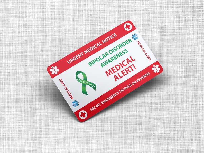 Cartão de carteira de emergência para transtorno bipolar - Cartão médico para transtorno bipolar - Cartão de PVC Tamanho do cartão de crédito e mesmo material imagem 1