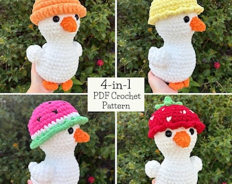 4 in 1 Goose Crochet PATTERN with removable Fruit hats - DIGITAL PDF -Amigurumi Pattern - Strawberry - Lemon - Watermelon - Orange Hat