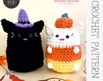 2 en 1 Chonky SpooKitty modèle - PDF numérique au crochet - motif chat fantasmagorique - motif sorcière chat noir et citrouille bonbons au maïs