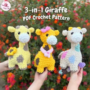WZÓR szydełkowy na żyrafę 3 w 1 ze słonecznikiem, pędzlem, kokardą i szalikiem - CYFROWY PDF - Wzór na żyrafę amigurumi - Maluj artystyczną żyrafę
