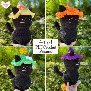 Może przedstawiać: Cztery wzory na szydełku do amigurumi czarnego kota, każdy z innym kapeluszem w stylu Halloween: kukurydza cukrowa, dynia, zielony grzyb i kapelusz czarownicy. Wzór na szydełku PDF 4 w 1.