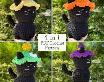 May include: Four crochet black cat amigurumi patterns, each with a different Halloween-themed hat: candy corn, pumpkin, green mushroom, and witch's hat. 4-in-1 PDF Crochet Pattern.