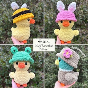 May include: Four crochet amigurumi patterns for a yellow chick wearing different hats: a bee, bunny, frog, and flower. The patterns are available as a PDF download.  4-in-1 PDF Crochet Pattern by @themaryjay
