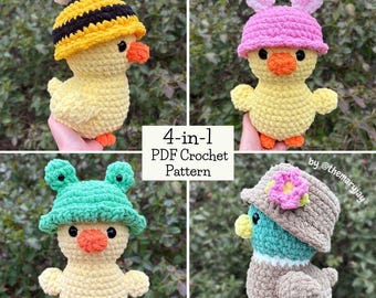 SCHEMA all'uncinetto 4 in 1 per paperelle con cappelli a molla rimovibili - PDF DIGITALE - Schema Amigurumi - Cappello da coniglio - Cappello da ape - Cappello da pescatore a forma di fiore - Cappello da rana