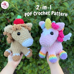 May include: Two crocheted stuffed animals: a tan horse with a red apple hat and a pink unicorn with a rainbow mane and feet. The text "2-in-1 PDF Crochet Pattern" is displayed above the toys.