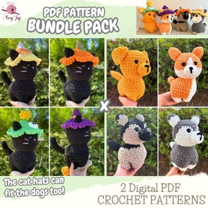 May include: A collection of crochet patterns for cat and dog figures. The image shows various crocheted animals, including black cats with hats and dogs. The text reads "PDF PATTERN BUNDLE PACK" and "2 Digital PDF CROCHET PATTERNS". The cat hats can fit the dogs too!
