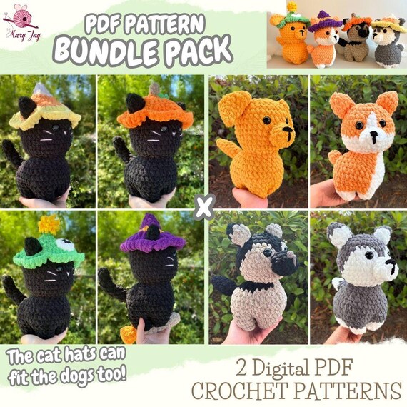 8-in-1 Puppy Dog and Cat pattern with removable spooky hats BUNDLE PACK - PDF pattern - Halloween Cat Retriever Corgi German Shepherd Husky