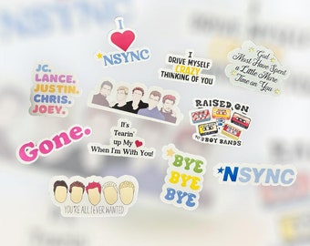 May include: A collection of colorful stickers featuring text and images related to the boy band *NSYNC. The stickers include phrases like "I Drive Myself Crazy Thinking of You" and "Raised on 90s Boy Bands."