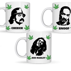 May include: White ceramic mugs featuring black and white portraits of Cheech, Chong, Snoop Dogg, and Bob Marley, with green cannabis leaf accents. One mug has the text "It's 4:20 Somewhere".