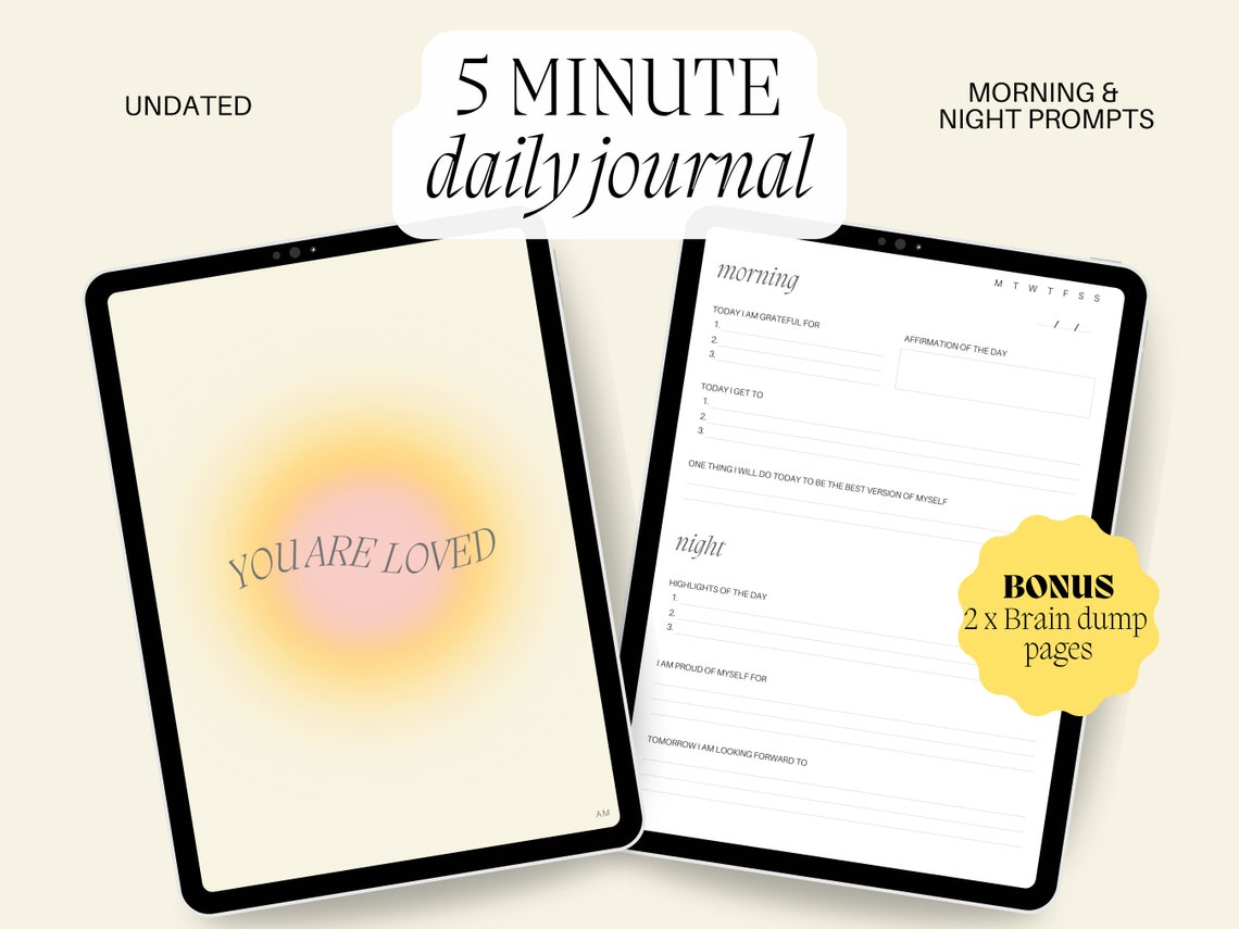 5 Minute Daily Journal - Aesthetic Morning and Night Journal Prompts Digital Printable for iPad ...