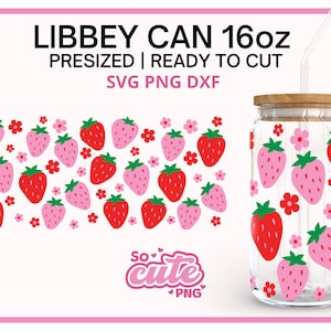 Fraises Libbey Can SVG Verre à bière Libby Can Wrap Rose et Rouge Fraise mignonne Fresas Fresa PNG DXF