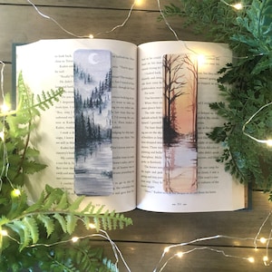 Misty Forest Bookmarks | Beautiful Watercolour Woodlands | Crescent Moon with Foggy Trees and Sunset Lake | Hand Made Bookmark