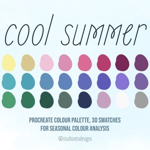Palette di colori Cool Summer PROCREATE, 30 campioni, download digitale, download immediato, palette di analisi dei colori stagionali per l'app Procreate