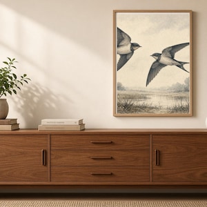 May include: A rectangular wooden media console with three central drawers and two side cabinets, topped with a potted green plant, stacked books, and a small white vase. A framed wall print depicts two birds flying over a marshy landscape.