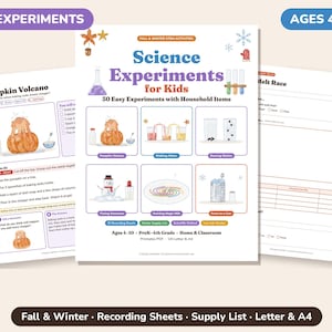 May include: A printable educational guide titled Science Experiments for Kids featuring 30 easy activities with household items. The document includes illustrations of a pumpkin volcano, walking water, dancing raisins, a snowman, and milk art.