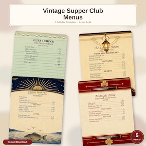 May include: A collection of five vintage-style supper club menus featuring various designs. The set includes a guest check, a menu with a lantern illustration, a menu with a fish graphic, and a menu with a knife graphic, all with printed text.