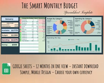 Inteligentny miesięczny arkusz kalkulacyjny budżetu dla Arkuszy Google, Projekt mobilny, Planista finansowy, Dochód według wypłaty, Śledzenie wydatków, Oszczędności
