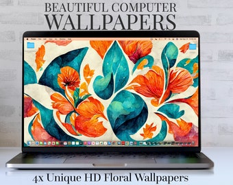 HD Ręcznie Rysowane Kwiaty Różnorodne Pakiety Tapety Na Laptopa (x4) - Natychmiastowe Pobieranie, Piękne Wygaszacze Ekranu, Tła Komputerowe Kwiatowe