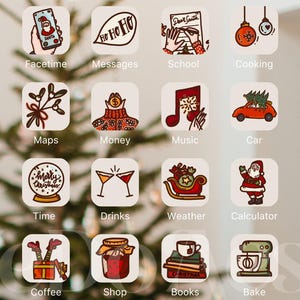 May include: Aesthetic Christmas-themed phone app icons in a beige and brown color scheme. Icons include a camera, alarm, bank, calendar, groceries, clock, settings, Facetime, messages, school, cooking, maps, money, music, car, time, drinks, weather, calculator, coffee, shop, books, and bake.