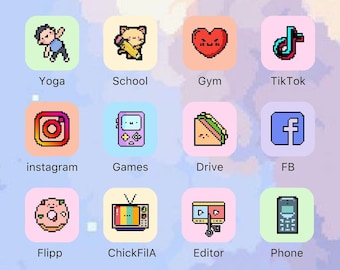 Pixel Pastel Hand Drawn IOS16 App Icons Bundle, IOS16 App Covers, Pink Pastel Theme, Spring Summer Aesthetic, Icons iPhone + Android, Retro