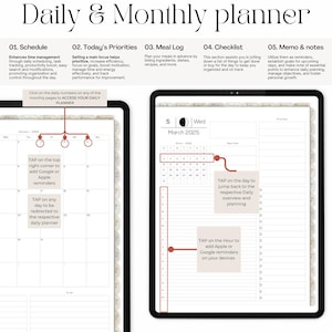 May include: A digital planner app interface with a monthly calendar view for March 2025. The calendar has a dark moon icon and the word "Wed" for Wednesday. The app also has sections for daily schedule, priorities, meal log, checklist, and memos.