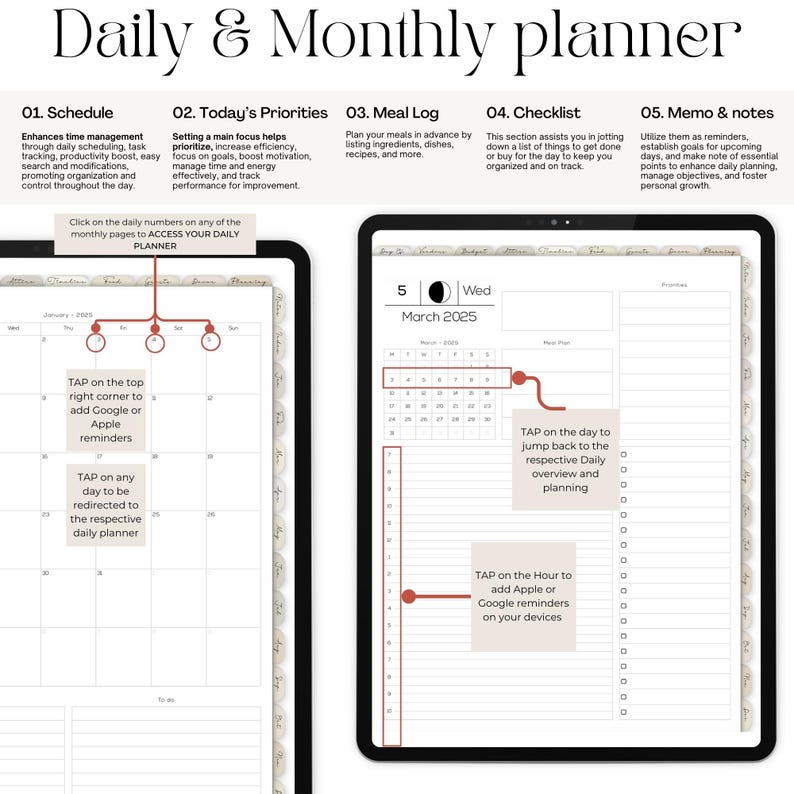 May include: A digital planner app interface with a monthly calendar view for March 2025. The calendar has a dark moon icon and the word "Wed" for Wednesday. The app also has sections for daily schedule, priorities, meal log, checklist, and memos.
