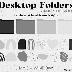 50 個のデスクトップ フォルダ アイコン、Mac + Windows フォルダ アイコン、Mac の黒のミニマル アイコン、グレーの Mac フォルダ、コンピュータ フォルダ、デスクトップ オーガナイザー バンドル