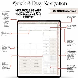 May include: A digital wedding planner on a tablet screen with a floral design. The planner includes 700+ pages, 20,000 hyperlinks, and access to yearly, monthly, and daily planning pages. The planner also includes a checklist, budget tracker, and vendor list.