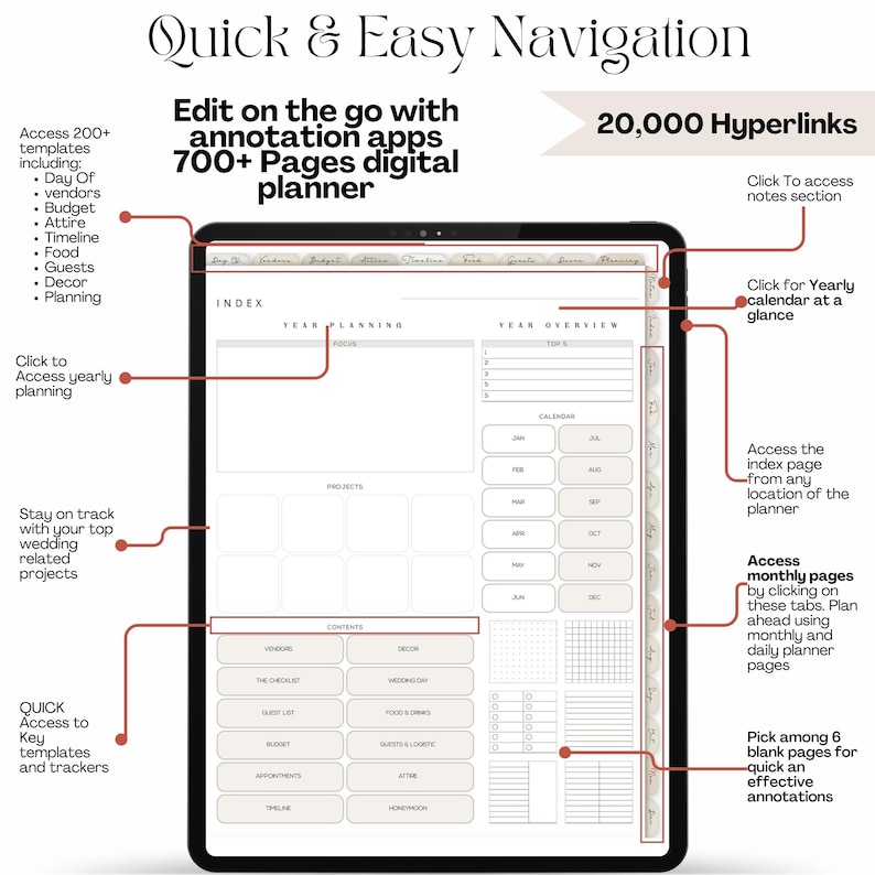 May include: A digital wedding planner on a tablet screen with a floral design. The planner includes 700+ pages, 20,000 hyperlinks, and access to yearly, monthly, and daily planning pages. The planner also includes a checklist, budget tracker, and vendor list.