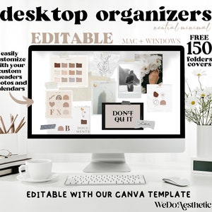 EDITABLE Desktop Organizer Wallpaper + Folder Icons, Aesthetic Wallpaper, Calendar Wallpaper Minimal, Manifestation Wallpaper, Mac + Windows
