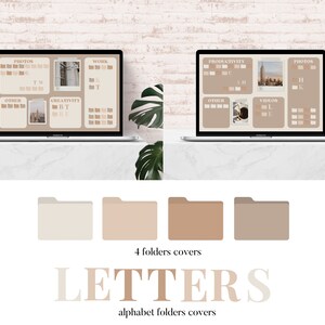 May include: Four folder covers in beige, light brown, medium brown, and dark brown shades. The covers are labeled with the letters "L", "E", "T", and "T", with the text "LETTERS" in a large font below the covers. The text "alphabet folders covers" is below the word "LETTERS".