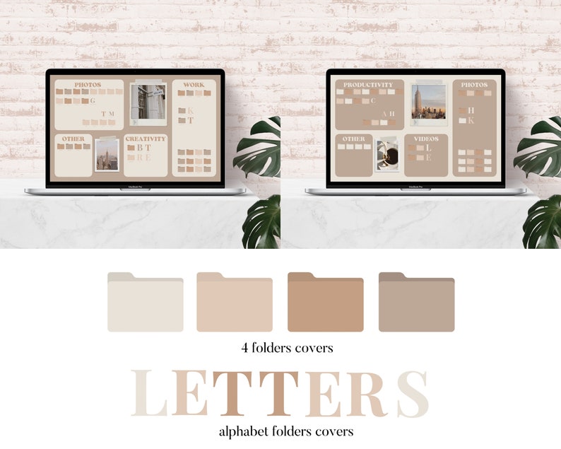 May include: Four folder covers in beige, light brown, medium brown, and dark brown shades. The covers are labeled with the letters "L", "E", "T", and "T", with the text "LETTERS" in a large font below the covers. The text "alphabet folders covers" is below the word "LETTERS".