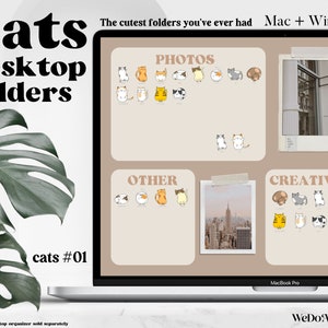 May include: A laptop computer screen displaying a desktop organizer with a light brown background. The organizer has four sections labeled "Photos", "Other", "Creativity", and "Celine". Each section features a different design of cartoon cats. The text "Cats desktop folders" is displayed at the top of the screen.