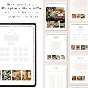 May include: A digital template for planning a wedding ceremony layout. The template includes a blank floor plan with circles and squares to represent tables and chairs, and a section for adding photos of decor. The text "DECOR Ceremony" is at the top of the page.