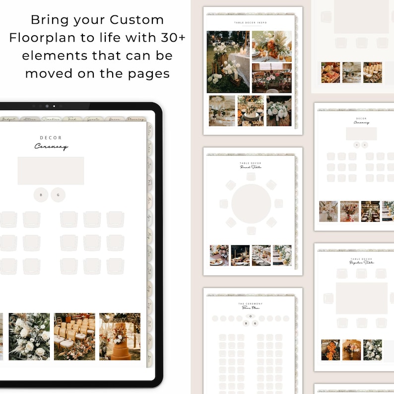 May include: A digital template for planning a wedding ceremony layout. The template includes a blank floor plan with circles and squares to represent tables and chairs, and a section for adding photos of decor. The text "DECOR Ceremony" is at the top of the page.