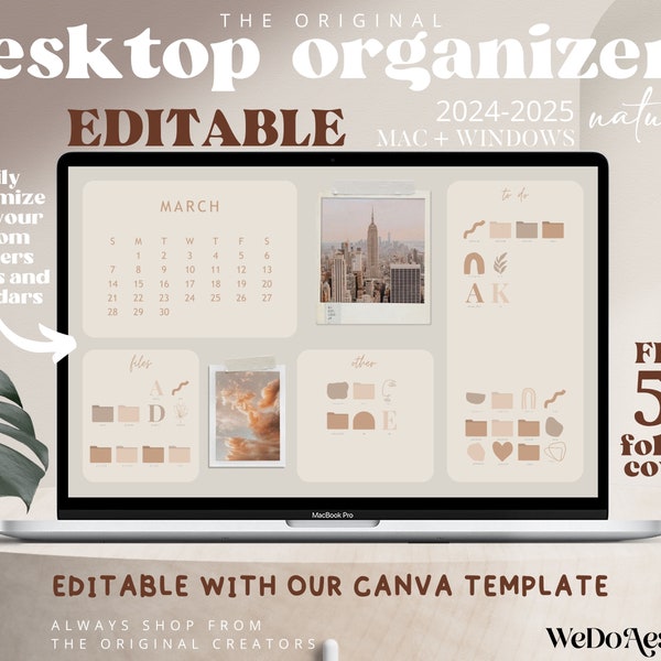 EDITABLE CALENDAR Desktop Wallpaper + Folder Icons, Mac Windows Natural Minimal Background, School Students College To Do 2024 2025 CALENDAR