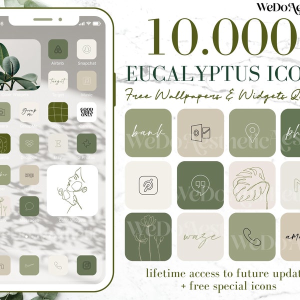 10.000+ Eucalyptus App Icons Pack | Green Aesthetic App Icons | Sage, Mint iOS15 App Covers | Free Widgets and Wallpapers | iPhone & Android