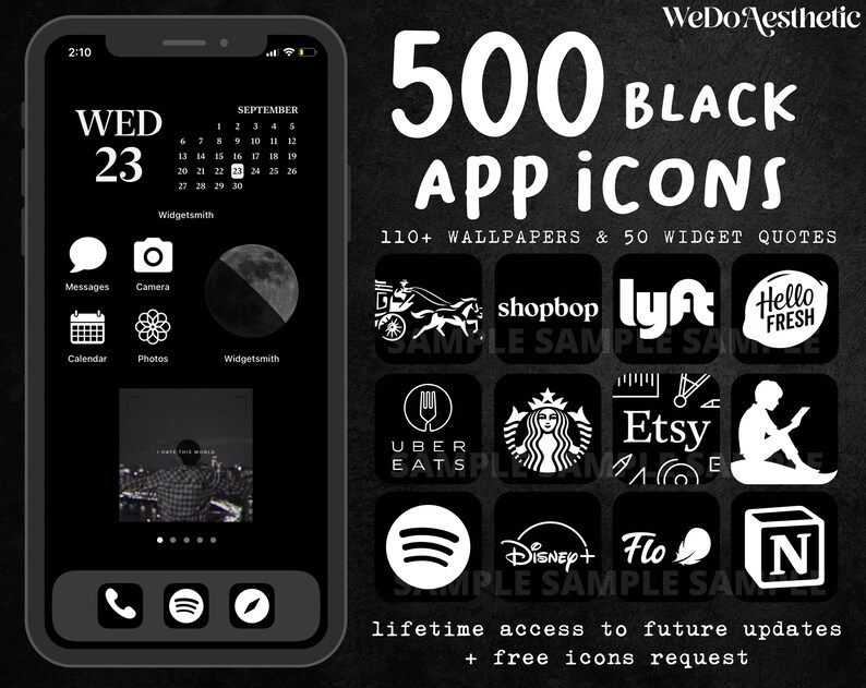500 Ios14 Black App Icons Black Aesthetic Minimal App Cover Etsy