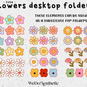May include: A set of colorful flower illustrations that can be used as desktop folder icons. The flowers are in various styles, including daisies, sunflowers, and simple flowers. The text "flowers desktop folders" and "These elements can be used as a substitute for folders" is included in the image.