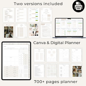 May include: A digital wedding planner with over 700 pages, featuring a variety of templates and checklists. The planner is available in two versions: Canva and digital. The image shows a laptop displaying the digital version of the planner and a tablet displaying the Canva version.