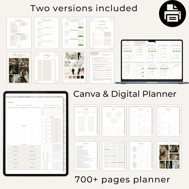 May include: A digital wedding planner with over 700 pages, featuring a variety of templates and checklists. The planner is available in two versions: Canva and digital. The image shows a laptop displaying the digital version of the planner and a tablet displaying the Canva version.