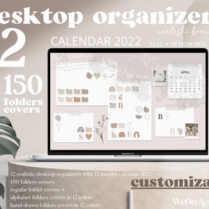 Pode incluir: Um ecrã de computador portátil que mostra 12 organizadores de secretária personalizáveis com um calendário de 2022. Os organizadores apresentam uma estética minimalista com cores neutras e formas abstratas. O texto "realistic board 04" e "MAC + WINDOWS" é visível no ecrã. O texto "WeDoAesthetic" também é visível no ecrã.