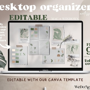 EDITABLE Desktop Organizer Wallpaper + Folder Icons, Matisse Wallpaper Art, Calendar Wallpaper Neutral, School Business Work, Mac + Windows