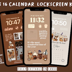 以下が含まれることがあります： 電話の画面のデジタルイラストで、カスタマイズ可能な秋のテーマのロック画面が表示されています。ロック画面には、カレンダー、時計、カボチャ、葉、幽霊など、秋のテーマのグラフィックが数多く含まれています。画面には「一年で最も素晴らしい時期です」というテキストが表示されています。ロック画面はCanvaで完全に編集できます。
