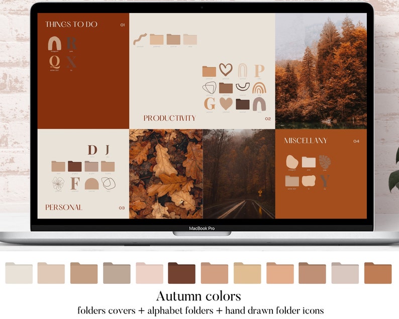 Puede incluir: Una pantalla de computadora port&aacute;til que muestra un dise&ntilde;o digital para cubiertas de carpetas con colores oto&ntilde;ales. El dise&ntilde;o incluye iconos dibujados a mano y carpetas alfab&eacute;ticas. El texto en la pantalla dice "Things to do", "Productivity", "Personal", y "Miscellany".